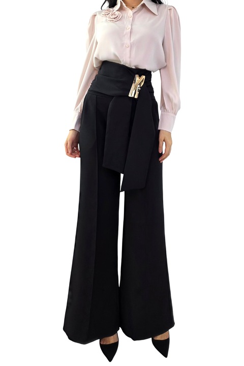 Pantaloni lungi, croi evazat Liora, cu inchidere wrap, Negru