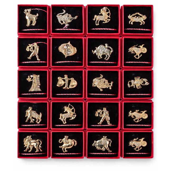 Set 12 Martisoare Zodii, brose aurii, in cutie cadou individuala