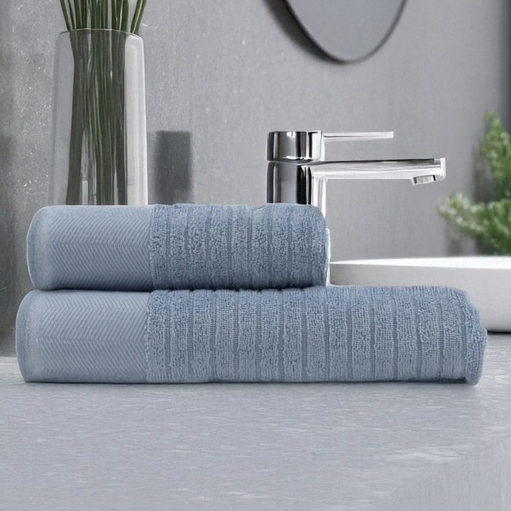 Set 2 prosoape baie in cutie cadou, 50x90cm, 70x140 cm, bumbac 100%, jacquard 500 GSM, Lenjerii Deosebite, Davinson Albastru