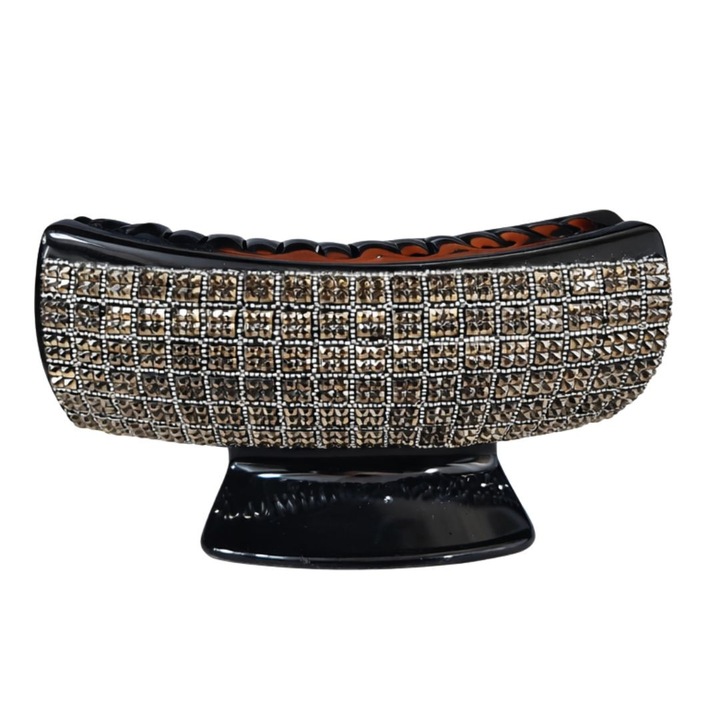 Елегантна черна щипка за коса с блестящи кафяви кристали, широк геометричен модел, здраво захващане, устойчива метална пружина