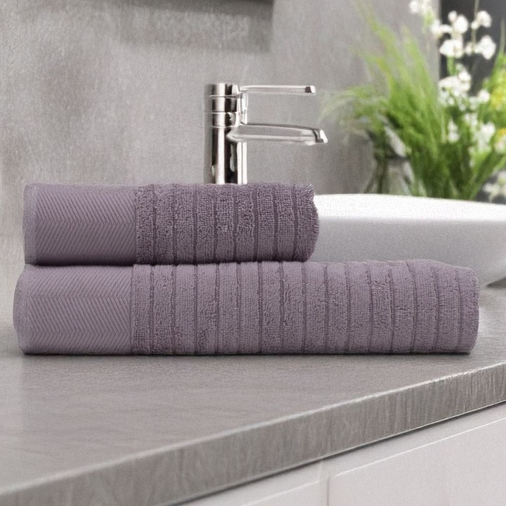 Set 2 prosoape baie in cutie cadou, 50x90cm, 70x140 cm, bumbac 100%, jacquard 500 GSM, Lenjerii Deosebite, Davinson Lila