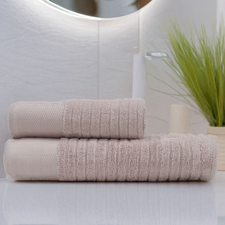 Set 2 prosoape baie in cutie cadou, 50x90cm, 70x140 cm, bumbac 100%, jacquard 500 GSM, Lenjerii Deosebite, Davinson Roz Pudra