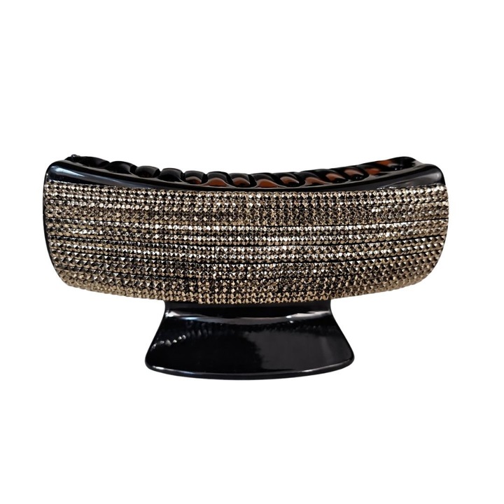 Елегантна черна щипка за коса с блестящи кристали в цвят шампанско, широк модел, силно захващане, устойчива метална пружина, за изискани прически