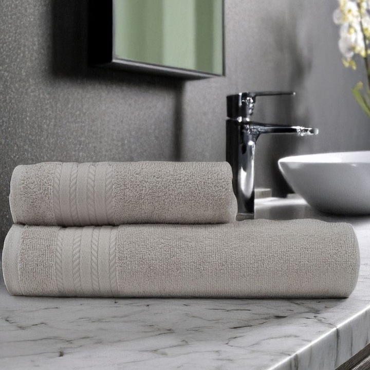 Set 2 prosoape baie in cutie cadou, 50x90cm, 70x140 cm, bumbac 100%, terry 500 GSM, Lenjerii Deosebite, Micra Bej nisipiu Dune