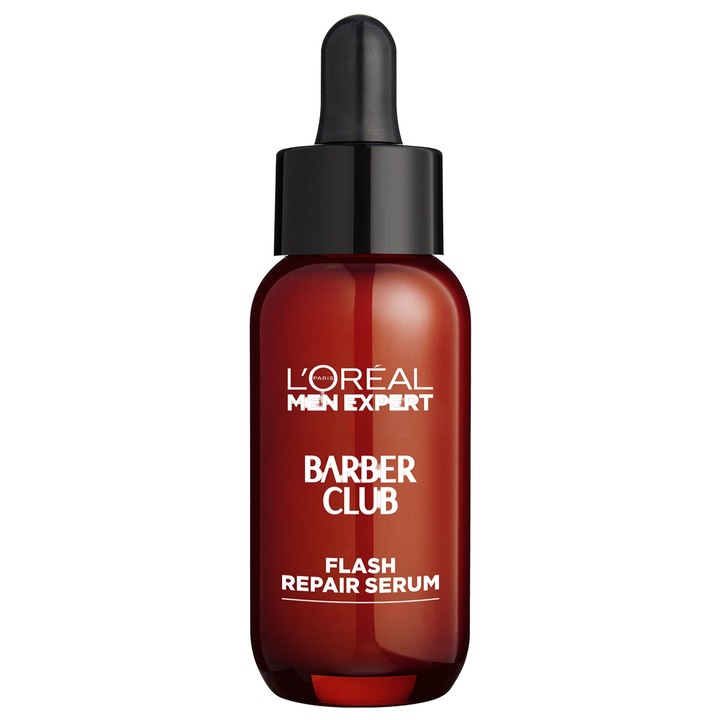 Serum pentru barba si dupa ras L'Oreal Paris Men Expert Barber Club Flash Repair, 10% Pantenol, repara tenul si calmeaza iritatiile de dupa ras, 30 ml