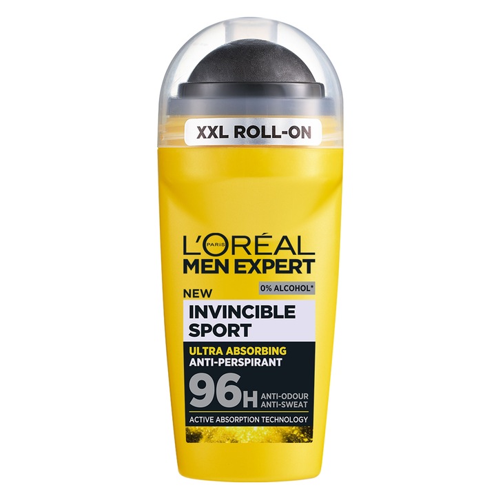 Antiperspirant roll-on fara alcool L'Oréal Paris Men Expert Invincible Sport pentru barbati, protectie pana la 96 de ore, potrivit pentru activitati intense, 50 ml