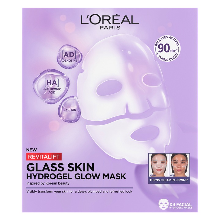 Masca hidrogel pentru iluminare L'Oreal Paris Revitalift Filler Glass Skin, ten cu aspect hidratat si plin in doar 90 minute, 25 g