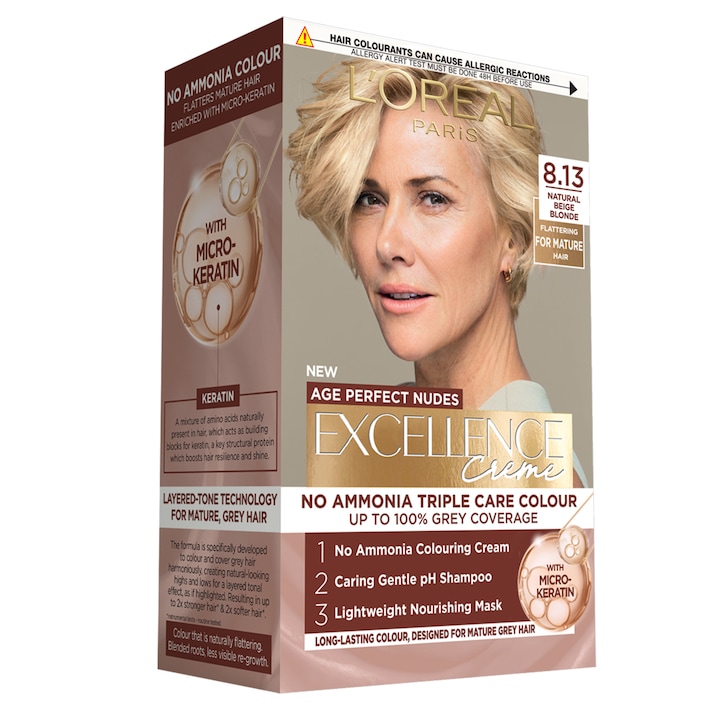 Трайна боя за коса без амоняк L'Oreal Paris Excellence Creme Age Perfect Nudes 8.13 Natural Beige Blonde, Предназначена за зряла сива коса, Укрепва и подхранва косата, 192 мл