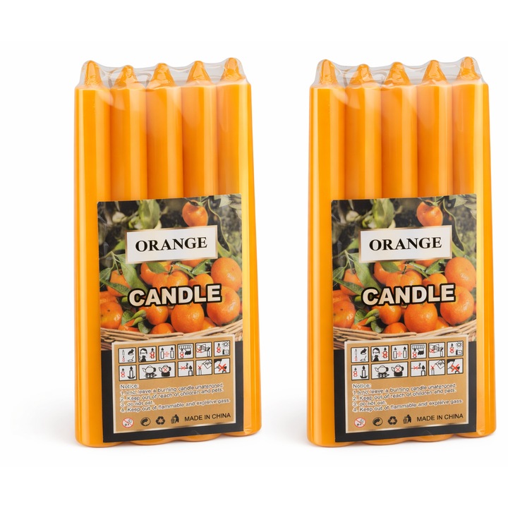 Комплект от 8 оранжеви ароматизирани свещи, аромат портокал, декоративни конусовидни свещи