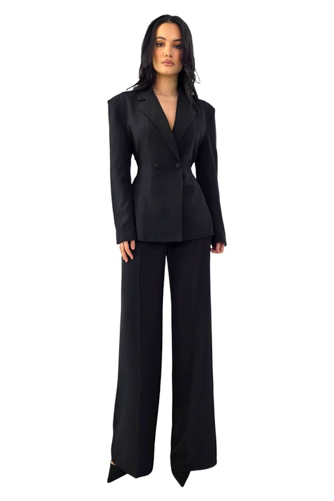 Дамски костюм KALEN, вталено сако с панделка и прави панталони, черен, FashionForYou, универсален размер S/M