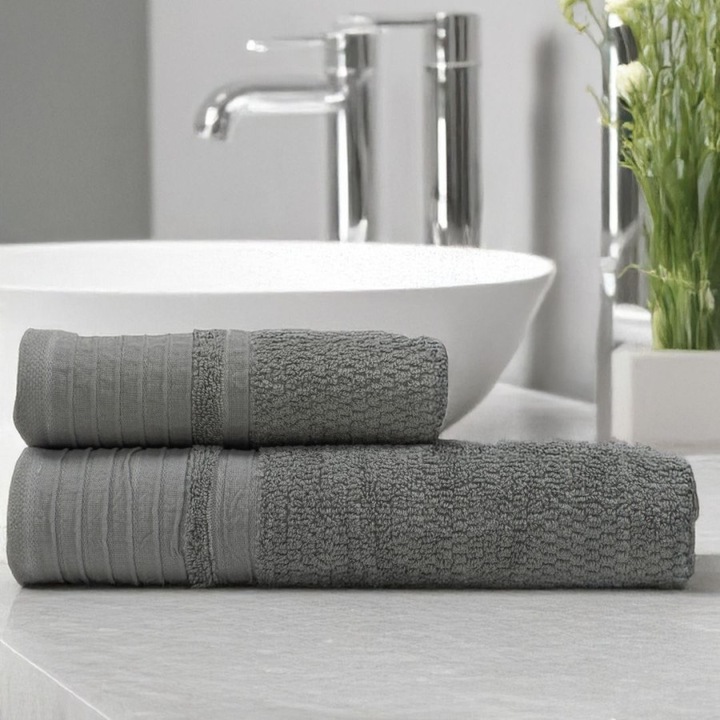 Set 2 prosoape baie, Lenjerii Deosebite Monza Gri inchis, bumbac 100%, 50x90cm, 70x140cm