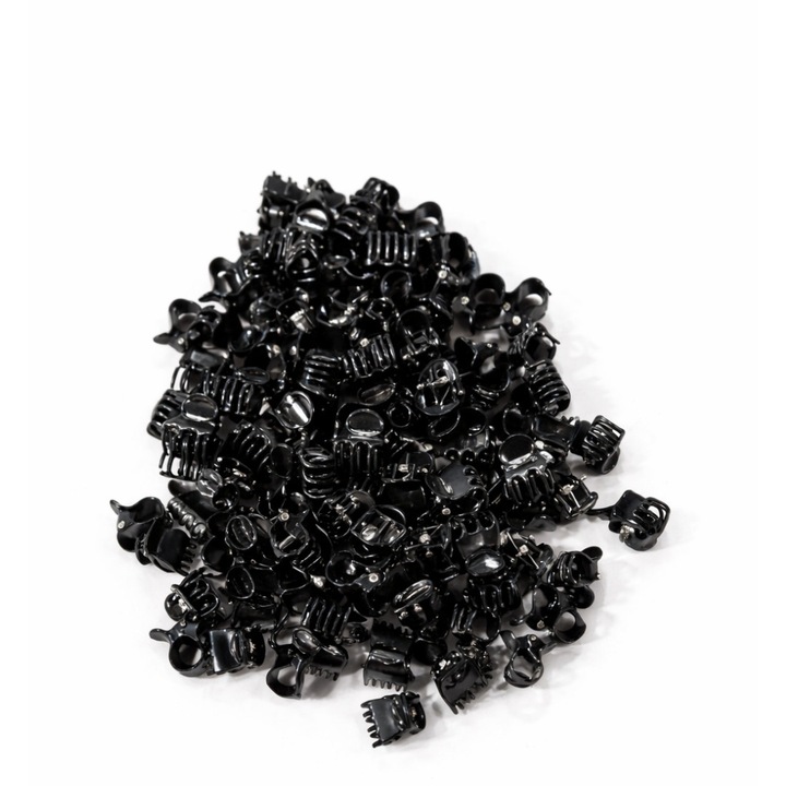 Set 100 clame par mici negre tip fluture, 1.5 cm, prindere puternica, arc metalic rezistent, pentru fixare precisa suvite