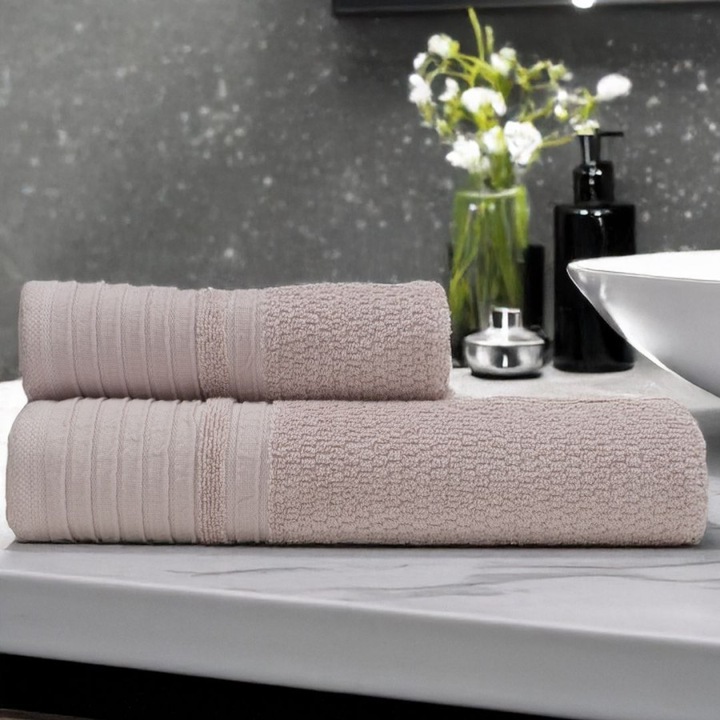 Set 2 prosoape baie in cutie cadou, 50x90cm, 70x140 cm, bumbac 100%, terry 500 GSM, Lenjerii Deosebite, Monza Roz Pudra