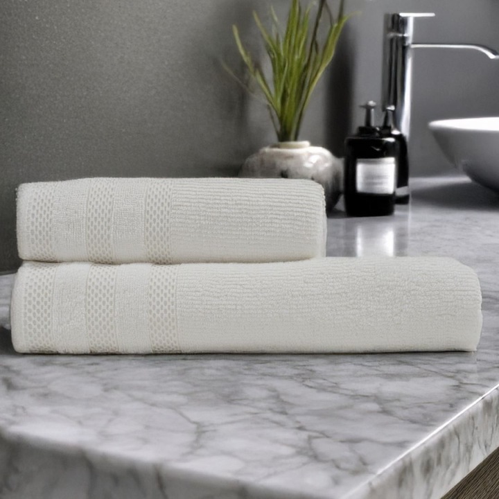 Set 2 prosoape baie in cutie cadou, 50x90cm, 70x140 cm, bumbac 100%, terry 500 GSM, Lenjerii Deosebite, Rabi Crem