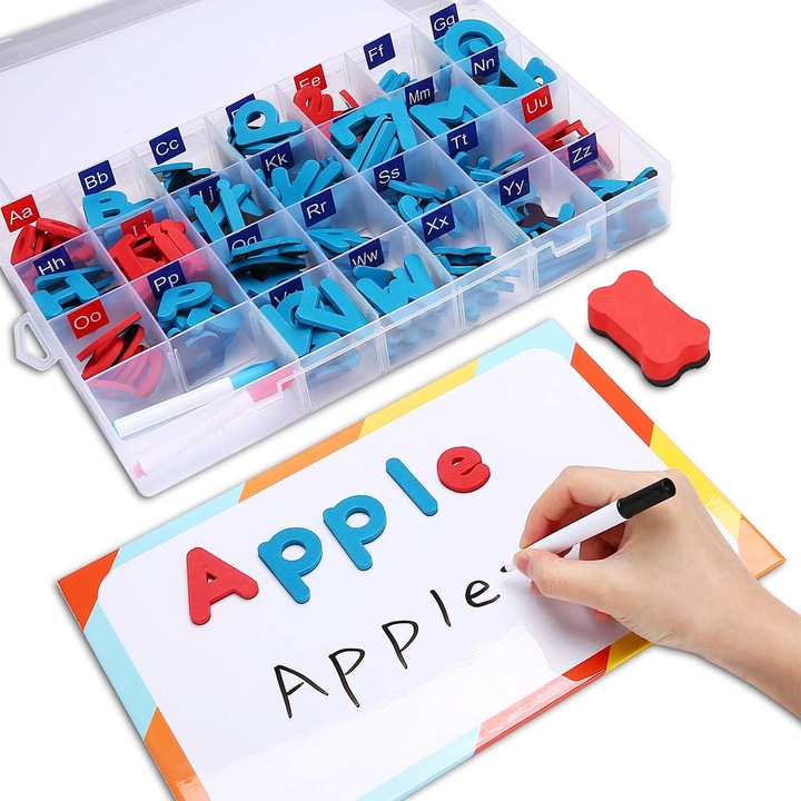 Joc educațional Hautton, litere și cifre magnetice, set 244 piese, tabla, 3 ani