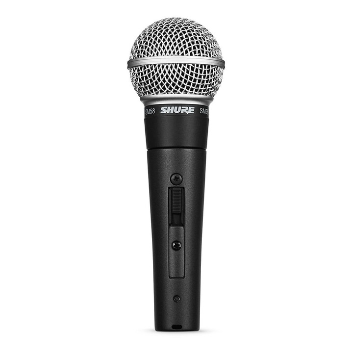 Microfon vocal dinamic cardioid Shure SM58SE cu comutator Eius, filtru pop incorporat, clema pentru microfon A25D, geanta de depozitare, conector XLR cu 3 pini (SM58S)