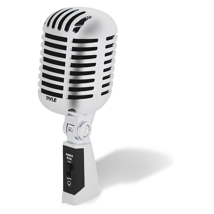 Microfon Pyle, Microfon dinamic, Microfon in stil clasic retro Vintage, Microfon vocal, cu cablu XLR de 4, 88 m, Compatibil cu suport universal, pentru spectacole live si inregistrari in studio, argintiu