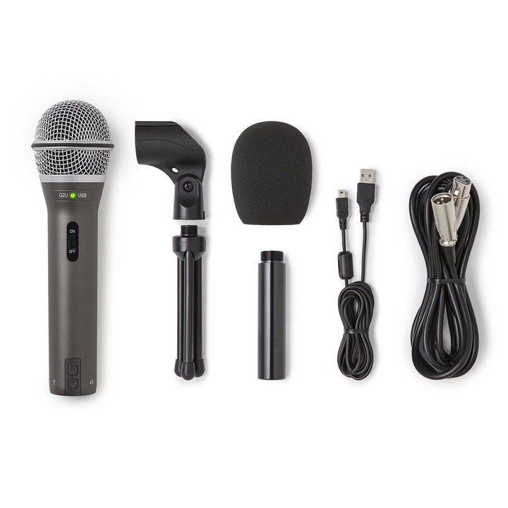 Pachet de inregistrare si podcasting Samson Q2U, Microfon dinamic USB/XLR cu accesorii, gri
