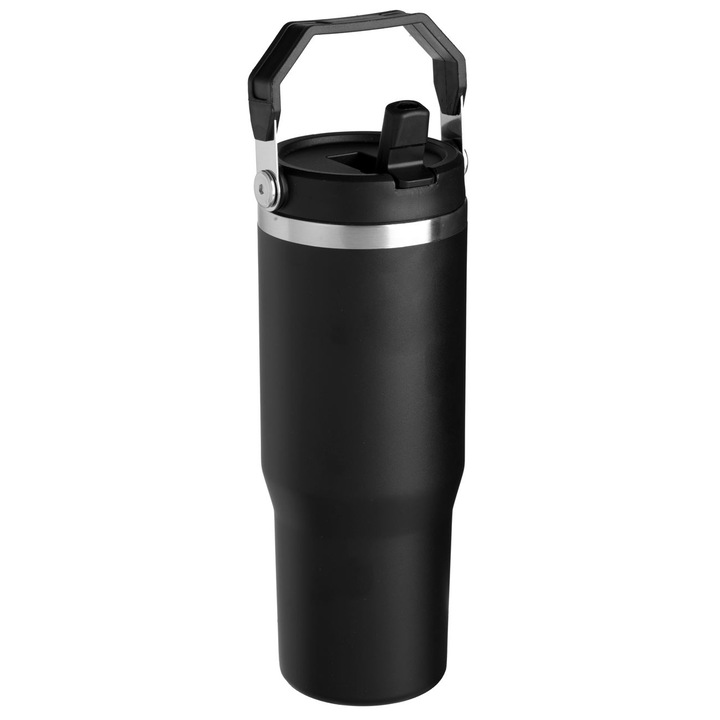 Pahar Termos din Otel Inoxidabil Negru Mat cu Maner Incorporat & Pai - 890ml