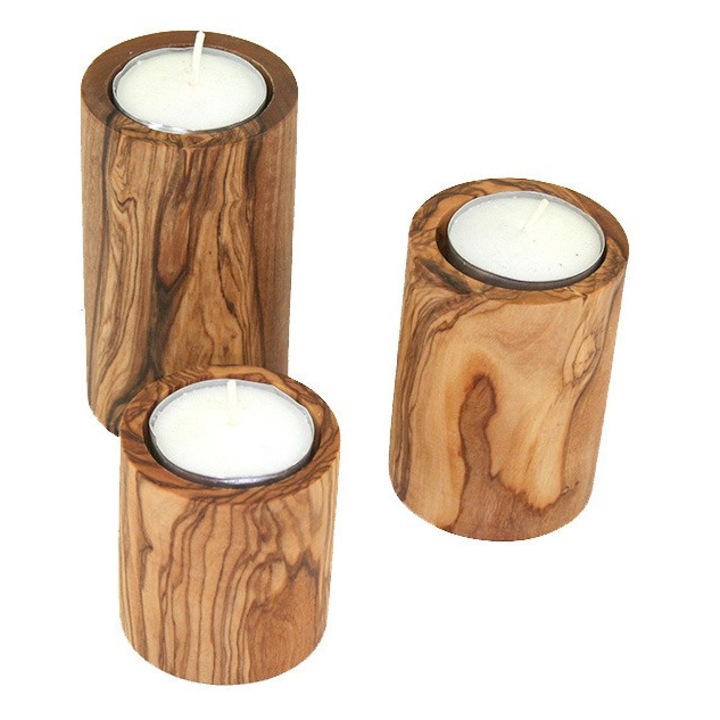 Set 3 suporturi pentru lumanari tip pastila din lemn de maslin, 6/8/10 cm, diametru 5.5 cm