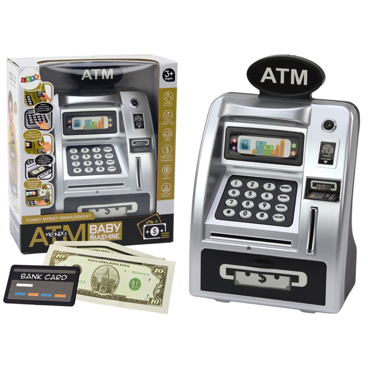 Banca pentru copii LEAN Toys, interactiva, cu sunete si lumini, argintie-neagra, 24,5x15,5x9cm