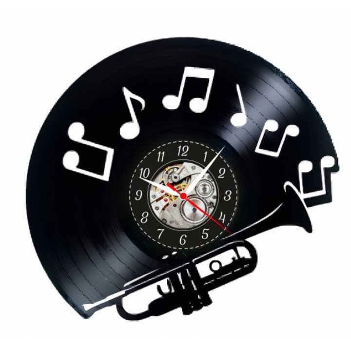 Ceas de perete decorativ - Jazz Soul - Trumpet & Harmony - realizat din disc de vinil (Vinyl Record), design Musical Instruments