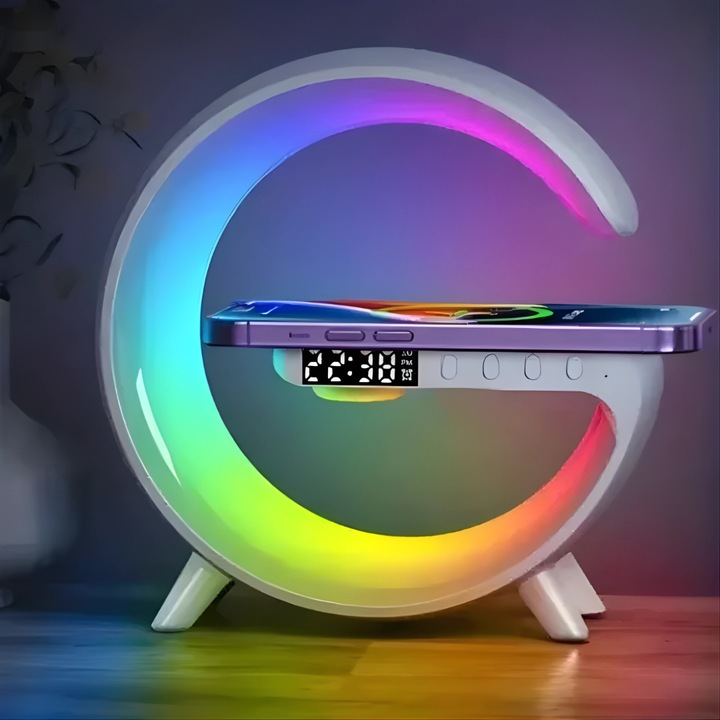 RGB G лампа с будилник, светлина и звук, Bluetooth високоговорител и бързо безжично зарядно устройство, бяла