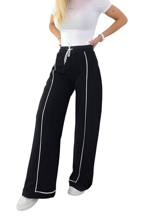 Pantaloni casual MODAL, croiala wide leg cu pensa si dungi, Negru