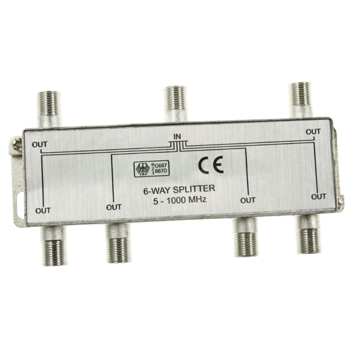 Splitter TV profesional e-SWC Supreme® pentru cablu coaxial, 6 iesiri, 5-1000 Mhz, 10 DB, metalic