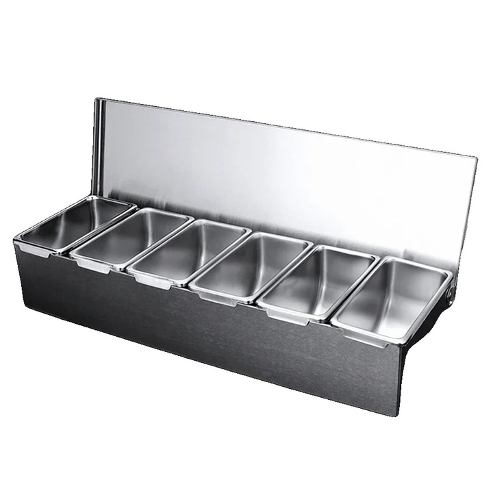 Dispenser condimente, 6 compartimente, inox, argintiu, 45.5x15x9cm