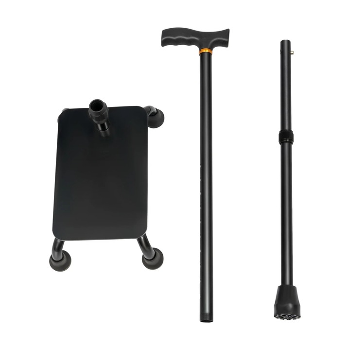 2-in-1 Baston de mers si ajutor pentru scari, Baston cu patru picioare, Reglabil 85–105 cm (10 trepte), 150 kg, Baza antiderapanta, Aliaj de aluminiu, Negru
