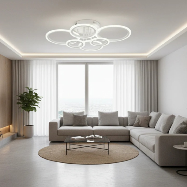 Lustra LED 6 Cercuri cu Telecomanda, Alba, 3 Functii Lumina, Intensitate Reglabila