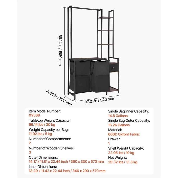 Cos pentru rufe, design freestanding, 2 compartimente, material ecologic, 600D