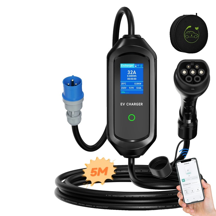 Incarcator EV Tip2 5M, control aplicatie inteligent, curent ajustabil, rezistent la intemperii