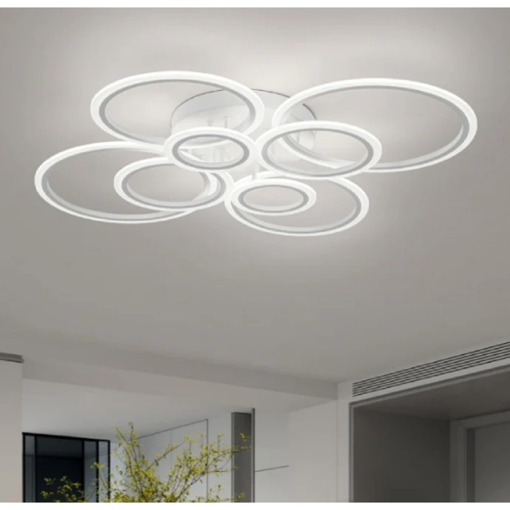Lustra LED 8 Cercuri cu Telecomanda, Alba, 3 Functii Lumina, Intensitate Reglabila