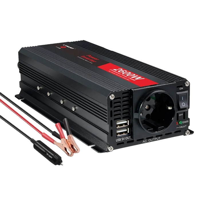 Autós inverter 2600W, 50Hz, 2 USB port, 112x78x50mm, kompakt