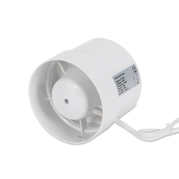 Ventilator de tubulatura 100 mm, ventilator inline pentru teava, silentios 34 dB, 2400 rotatii/min, rulment cu bile, pentru baie/bucatarie, alb