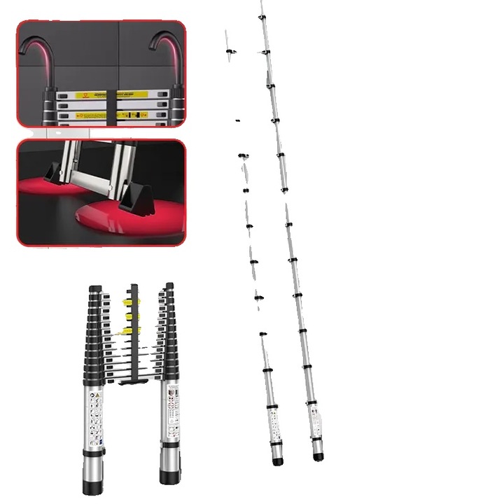 Scara de lucru telescopica, 6.3m cu carlig, otel inoxidabil, design usor