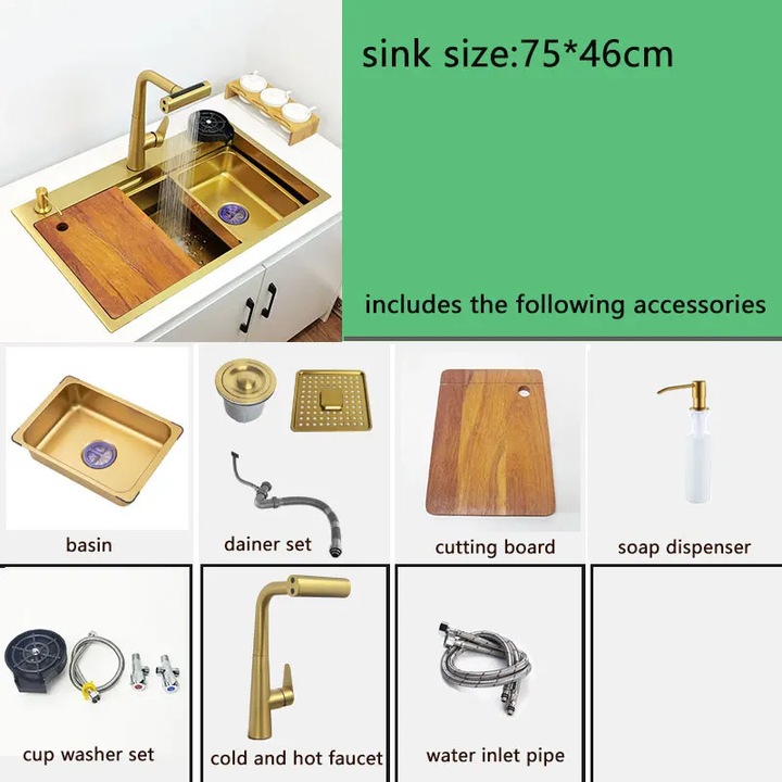 Chiuveta bucatarie, inox, 75x46cm, cuva simpla, instalare deasupra blatului, 3 gauri