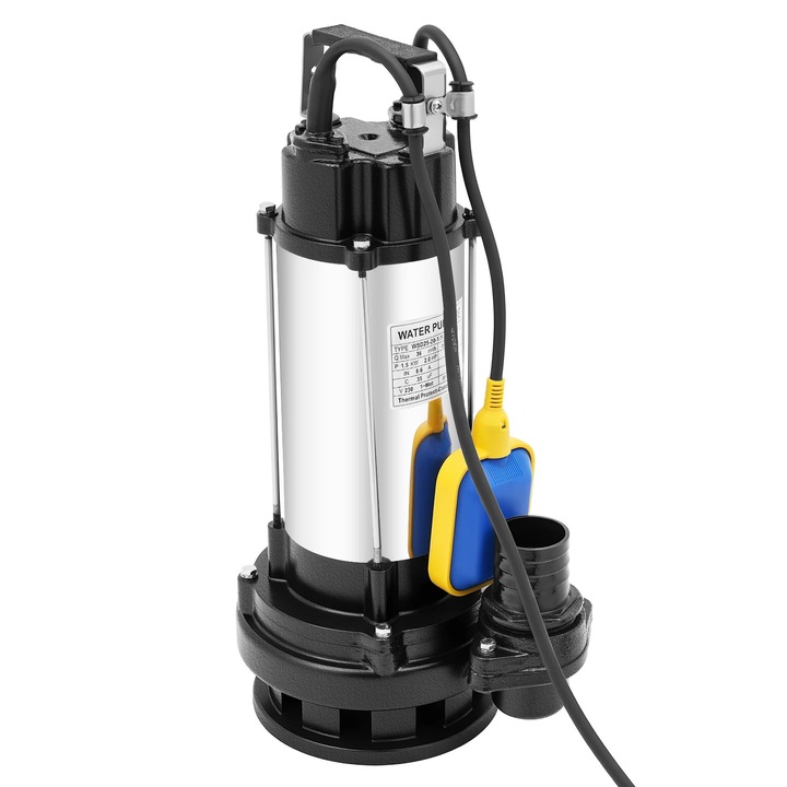 Merülő szennyvízszivattyú rozsdamentes acélból, 1,5 kW 2 LE, 36 m³/h, 22 m emelési magasság, 20–30 m merülési mélység, 220V EU csatlakozóval és úszókapcsolóval