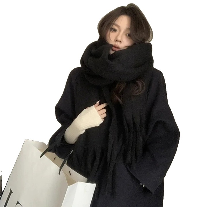 Esarfa tricotata, model tartan, neagra, dimensiune unica, lungime peste 175 cm