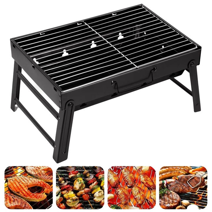 Градинско барбекю, преносимо, лесно за сглобяване, черно, големи размери за готвене