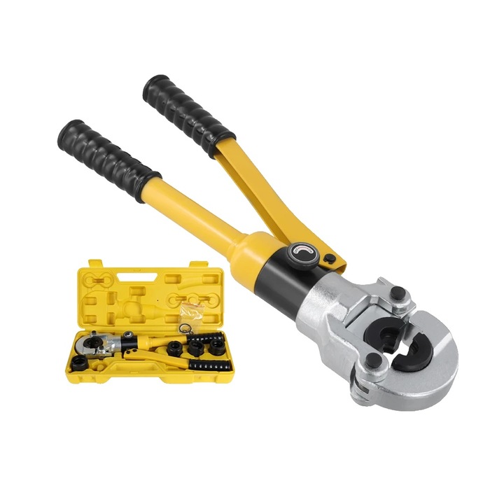 Hidraulikus présfogó, 16-32 mm, kompatibilis alumínium-műanyag és PEX csövekkel, acél szerkezet, kétsebességes kivitel