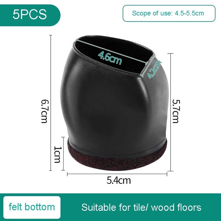 Set 5 protectii pentru picioare mobilier, reducere zgomot, instalare usoara, 6.7x5.4x5.7cm, cauciuc, negru