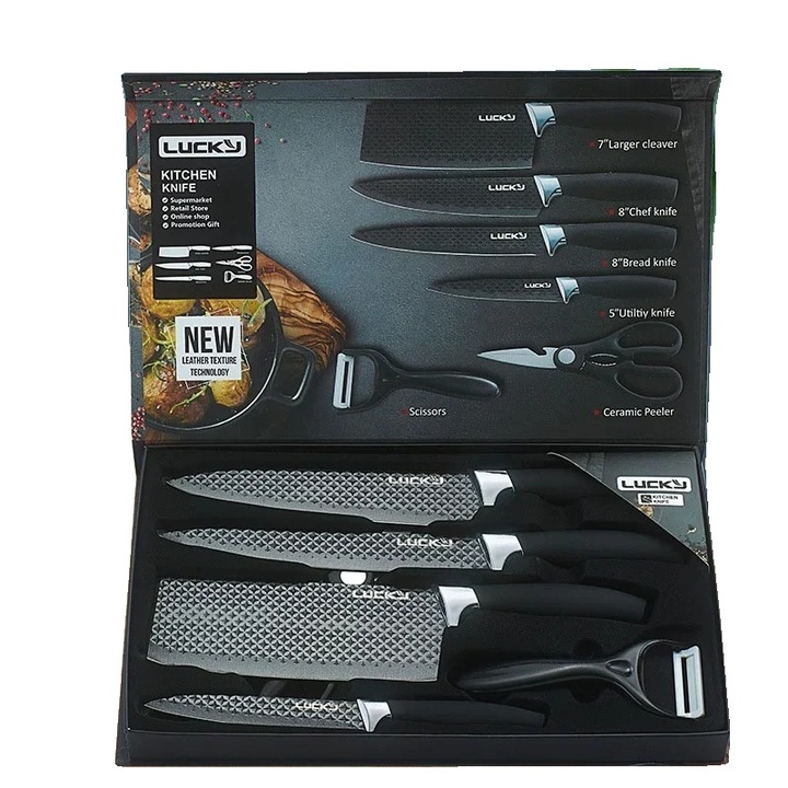 Set de cutite de bucatarie, inox, unelte versatile, negru, 20.5x12.5cm