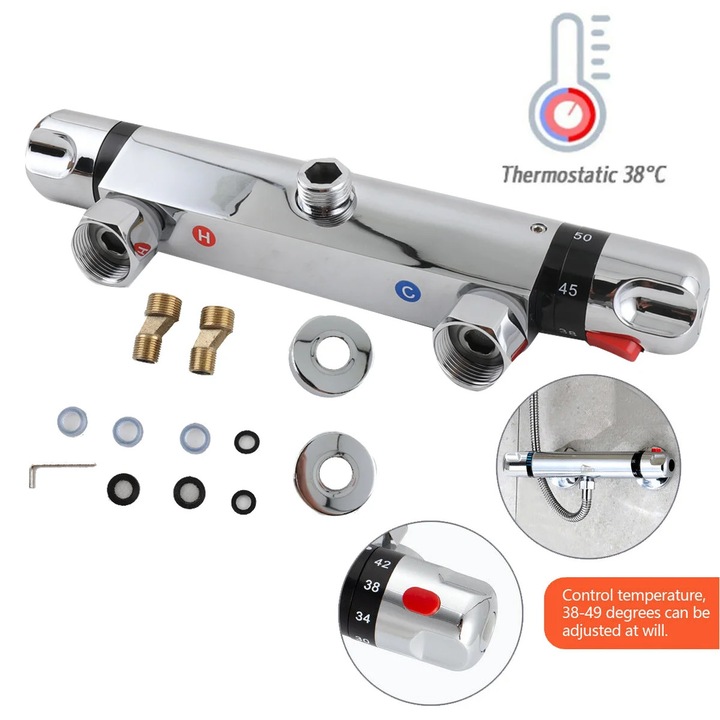 Санитарен смесител за душ, 40 мм, високопрецизна месингова конструкция, функция термо охлаждане, предварително зададена температура 38C