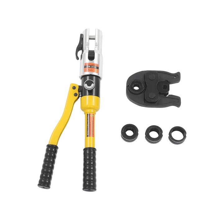 Cleste hidraulic, cap rotativ 360, forta de crimpare 10 tone, galben, 41x12x6cm, set complet cu cutie de unelte