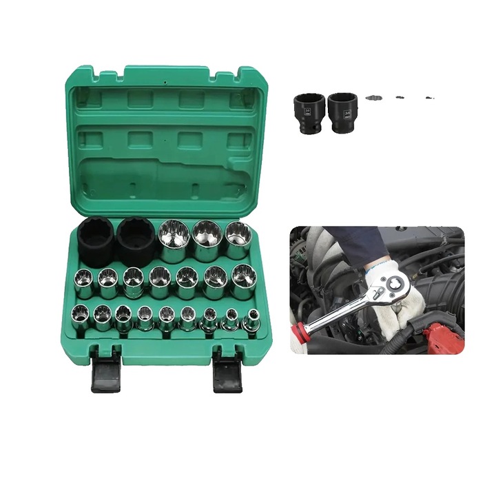 Set de chei cu 21 piese, 12 puncte si hexagonale, din otel crom-vanadiu si crom-molibden, cutie din plastic robusta