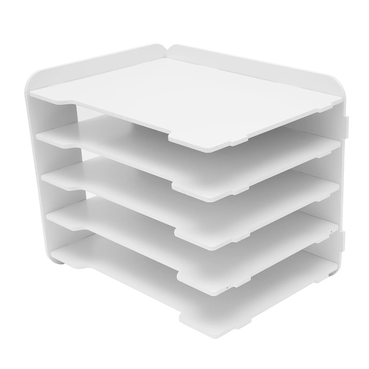 Tava pentru documente, Organizator 5 tavi A4, Cu maner, 34×25×26, 5 cm, PVC compozit lemn-plastic, Alb