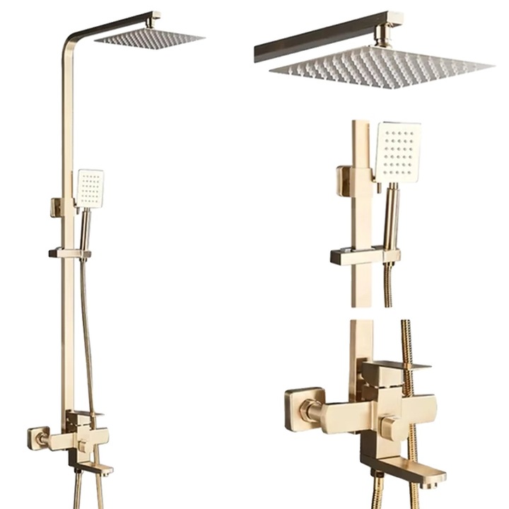 Robinet de dus, design montat pe perete, constructie din inox, auriu periat